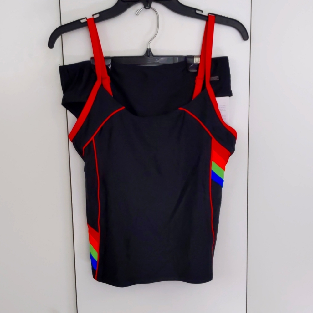 Naturana Tankini with a built in shelf bra. High cut Brief. Back w red. Size 14